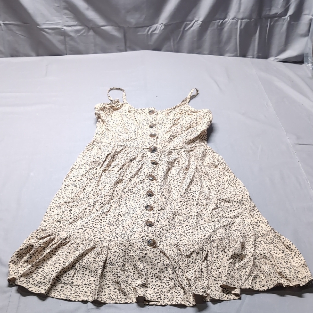 Japna‎ Leopard Print Button Front Sundress Tan Black XS Rayon Smocked Back